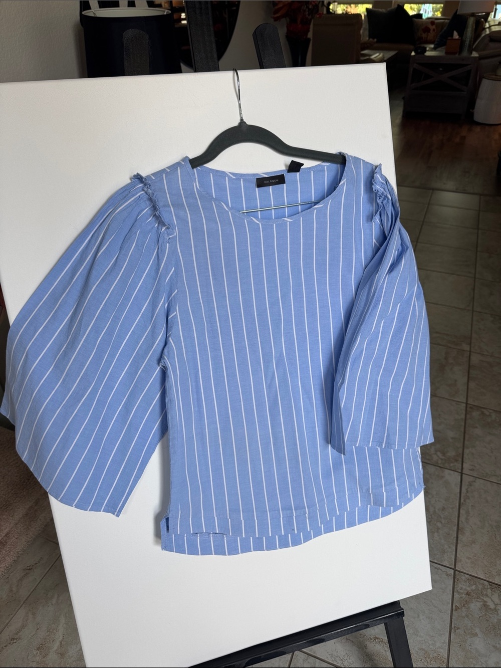 Halogen Pleated Sleeve Striped Blouse - Blue